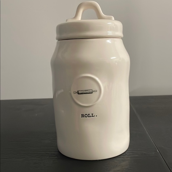 White Ceramic Kitchen Canister with Rolling Pin Design - Picture 2 of 2